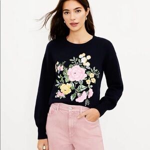 LOFT Embroidered Navy Knit Sweater Medium
